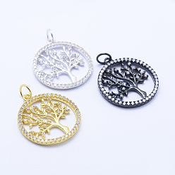 (52) Непрозрачная лаванда Латунные микро проложить кубического циркония подвески, плоские круглые с дерева жизни, без свинца, без никеля и без кадмия, разноцветные, 22x19.5x2 мм, отверстие : 3 мм