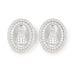 Plaqué Platine Véritable Pendentifs religieux en laiton sertis de micro-pavés de zircone cubique transparente, ovale avec breloques nossa senhora aparecida, Platine plaqué, 18.5x15.5x5.5mm, Trou: 4.5x2.5mm