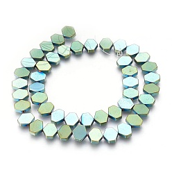 Green Plated Electroplated Non-magnetic Synthetic Hematite Beads Strands, Polish, Hexagon, Green Plated, 10x9x3mm, Hole: 1mm, about 45pcs/strand, 15.74 inch(40cm)