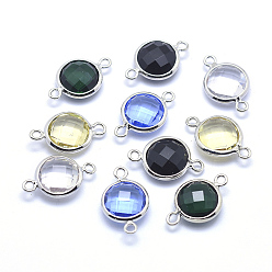 Mixed Color Brass Links connectors, with Faceted Glass, Flat Round, Lead Free & Cadmium Free, Platinum, Mixed Color, 14x9x3.5mm, Hole: 1mm