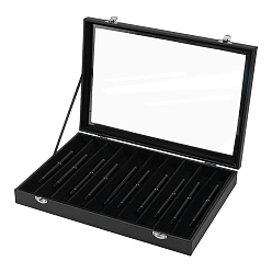 Black 8-Slot MDF Covered with PU Leather Pen Organizer Display Cases with Acrylic Window Lid, Rectangle, Black, 35x24.5x5.05cm