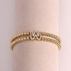 Letter W Браслеты из латуни с микропаве из прозрачных кубических циркониевых бусин, двойные нити, эластичные, для женщин, буква и круг, золотые, Буква W, 6.69 дюйм (17 см)