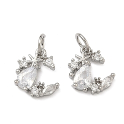Платина Латунные микропаве прозрачные подвески с фианитом, без кадмия и без свинца, стойки покрытие, долговечный, Луна прелести, платина, 12x10.5x3 мм, отверстие : 3.5 мм