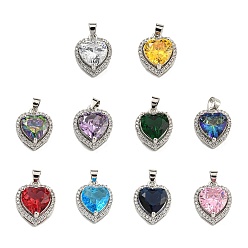 Platinum Rack Plating Brass Micro Pave Cubic Zirconia Pendants, with Glass, Heart, Platinum, 16.5x13.5x7mm, Hole: 4x3.5mm