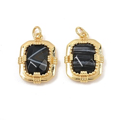 Black Agate Natural Black Agate Faceted Pendants, Brass Rectangle Bezeled Charms, Real 18K Gold Plated, Cadmium Free & Lead Free, Rack Plating, Long-Lasting Plated, Dyed & Heated, 20x14.5x5mm, Hole: 3mm