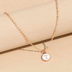 Letter T Сплав белого эмалевого диска с инициалами подвески ожерелья для женщин, золотые, Письмо T, 17.72 дюйм (45 см)