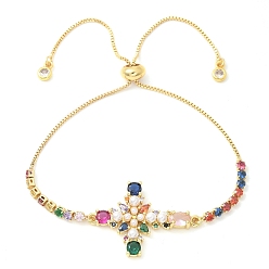 Золотой Латунь микро проложить кубический цирконий слайдер браслеты, браслеты с цепочками-кросс-коробками для женщин, с пластиковыми жемчугом, золотые, внутренний диаметр: 7/8-3 дюйм (2.2-7.7 см)