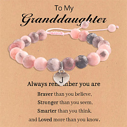 Letter J Браслеты из натуральной розовой зебровой яшмы с круглыми бусинами и эластичными бусинами, браслеты с подвесками в виде сердца и буквы для женщин, платина, буква J, 7-1/8 дюйм (18 см)