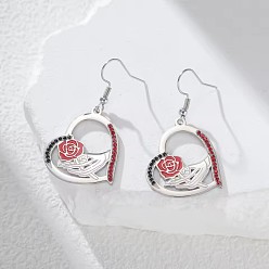 Color de Acero Inoxidable 304 Pendientes colgantes de acero inoxidable esmaltado para mujer, corazón, con diamante de imitación, color acero inoxidable, 28x24 mm