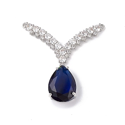 Midnight Blue Rack Plating Brass Micro Pave Cubic Zirconia 2-Loop Pendants, Teardrop & V-shape Charm, with Glass, Cadmium Free & Lead Free, Long-Lasting Plated, Platinum, Midnight Blue, 36x36x7mm, Hole: 1mm