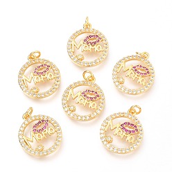 Настоящее золото 18K Кулоны из латуни с микропейвом и прозрачной и вишневой фианитами, с прыжковых колец, день матери, плоский круглый со словом мама и губа, реальный 18 k позолоченный, 17x14.5x2.5 мм, отверстие : 2.6 мм