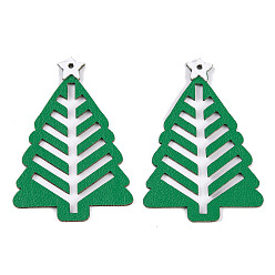 Sea Green PU Leather Pendants, Christmas Tree, Sea Green, 54x38x1mm, Hole: 2mm