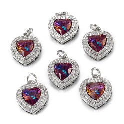 Коричневый Латунные микро проложить кубического циркония подвески, сердце, Реальная платина, коричневые, 16.5x14x6 мм, отверстие : 3.4 мм, Перейти кольцо: 5x0.8 мм