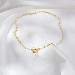 Настоящее золото 18K Минималистичные ожерелья из нержавеющей стали с подвеской в виде рисовой скрепки и имитацией жемчуга для повседневной женской одежды, белые, реальный 18 k позолоченный, 17.32 дюйм (44 см)