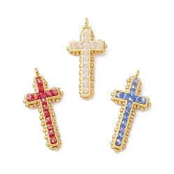 Mixed Color 3Pcs Electroplate Glass Pendants, Cross Charm, with Alloy & Seed Beads, Faceted, Mixed Color, 40x29x7mm, Hole: 1.8mm