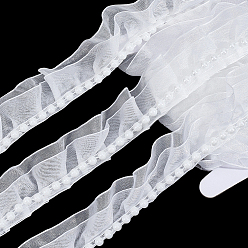 White 5 Yards Polyester Lace Ribbons, with ABS Plastic Imitation Pearl Beads, White, 1-1/4 inch(33~35mm)