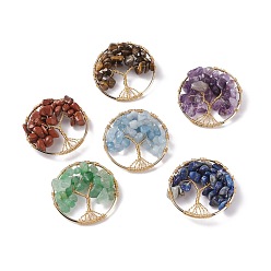 Mixed Stone Natural Chip Stone Pendants, with Eco-Friendly Copper Wire, Flat Round with Tree of Life Charms, Light Gold, 36x8~9mm