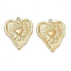 Chapado en Oro Real 18K 304 colgantes de acero inoxidable, Charms de corazón con textura, revestimiento de iones (ip), real 18 k chapado en oro, 26x21x3 mm, agujero: 1.6 mm