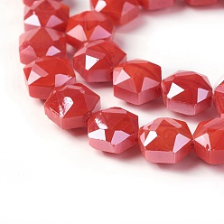 Красный Стеклянные нити из бисера, гальваническое покрытие, граненый шестиугольник, красные, 10x7~7.5 мм, отверстие : 1 мм, около 25 шт / нитка, 10.5 дюйм (27 см)