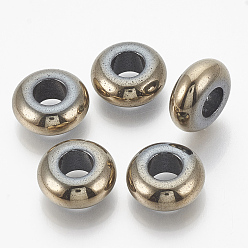 Светло-Золотое Покрытие Гальванические немагнитные синтетические гематитовые бусины, бусины с большим отверстием, рондель, свет позолоченные, 14x6 мм, отверстие : 6 мм