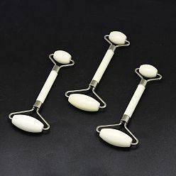 Белый Нефрит Инструменты для массажа из нефрита, лицевые ролики, с латунной фурнитурой , для лица, глаза, шея, расслабление мышц тела, платина, 137x39~59 мм