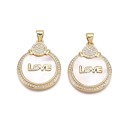 Настоящее золото 18K Латунные микропаве прозрачные подвески с фианитом, без кадмия и без свинца, с оболочкой, плоские круглые и слова любовные амулеты, реальный 18 k позолоченный, 25.5x20.5x4 мм, отверстие : 5x3.5 мм