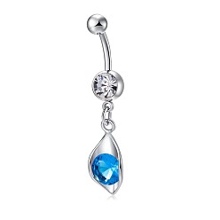 Deep Sky Blue Piercing Jewelry, Brass Cubic Zirconia Navel Ring, Navel Ring Belly Rings, with 304 Stainless Steel Bar, Lead Free & Cadmium Free, Leaf, Platinum, Deep Sky Blue, 38x11.5mm, Bar Length: 3/8"(10mm), Bar: 14 Gauge(1.6mm)