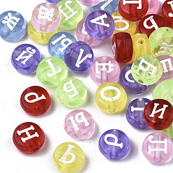 Gemischte Farbe Transparente Acryl Perlen, mit Emaille, flache Runde mit gemischtem russischem Alphabet, Gemischte Farbe, 7x4 mm, Bohrung: 1.5 mm, ca. 3650 Stk. / 500 g