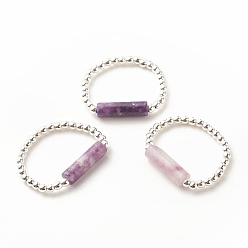 Lepidolite Natural Lepidolite/Purple Mica Stone Column Beaded Finger Ring with Synthetic Hematite, Gemstone Jewelry for Women, Platinum, Inner Diameter: 16~19mm
