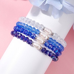 (52) Непрозрачная лаванда 4 Браслеты из стекла и натурального культивированного пресноводного жемчуга, эластичные, для женщин, рондель, разноцветные, бусины : 6.5x5~5.5 мм, внутренний диаметр: 2.20 дюйм (5.6 см), 4 шт / комплект