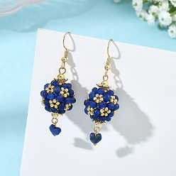 Dark Blue Glass & Dyed Natural Malaysia Jade & Lapis Lazuli Dangle Earrings, Round with Heart, 304 Stainless Steel Dangle Earrings, Golden, Dark Blue, 53x18mm