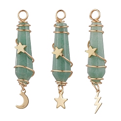 Зеленый Авантюрин 3 шт. 3 стили натуральный зеленый авантюрин заостренный медная проволока обернутая граненая пуля большие подвески, металлические подвески в виде луны, звезды, молнии, золотые, 49~51x10~10.5x11~12 мм, отверстие : 3.5 мм, 1 шт / стиль