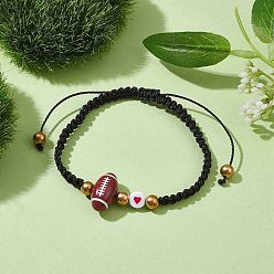 Rugby Bracelet de perles tressées en acrylique et alliage sur le thème du sport, bracelet réglable en fil de nylon, de rugby, diamètre intérieur: 2-1/4~3-1/2 pouce (5.5~9 cm)