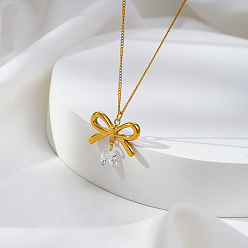 Настоящее золото 18K Простой дизайн, ожерелья из нержавеющей стали с бантом и прозрачным кубическим цирконием в форме капли для женщин, реальный 18 k позолоченный, 17.72 дюйм (45 см)