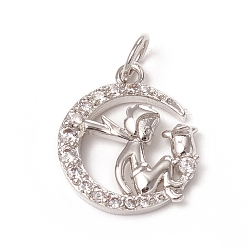 Platinum Brass Micro Pave Clear Cubic Zirconia Pendants, with Jump Rings, Long-Lasting Plated, Moon with Elf, Platinum, 15x13x3mm, Jump Ring: 5x0.7mm, Inner Diameter: 3.6mm