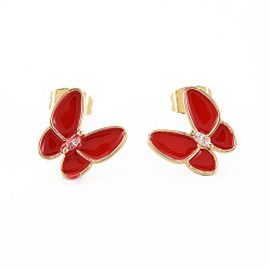 Red Brass Micro Pave Clear Cubic Zirconia Stud Earrings, with Enamel and Ear Nuts, Cadmium Free & Nickel Free & Lead Free, Butterfly, Real 16K Gold Plated, Red, 11x11.5mm, Pin: 0.8mm