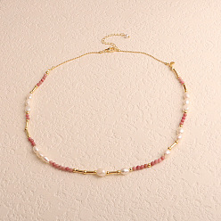 Светло-Коралловый Ожерелья из натурального пресноводного жемчуга, риса и натурального родонита с ограненными круглыми бусинами, золотые, свет коралловый, 15.75 дюйм (40 см)