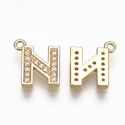 Letter N Brass Cubic Zirconia Charms, Letter, Clear, Real 18K Gold Plated, Letter.N, 10.5x9x1.5mm, Hole: 1mm