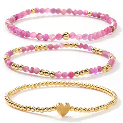 Турмалин 3Шт. браслеты из натурального турмалина и латунных круглых и сердечных бусин для женщин, золотые, 6.50 дюйм (16.5 см) ~ 6.89 дюйм (17.5 см)