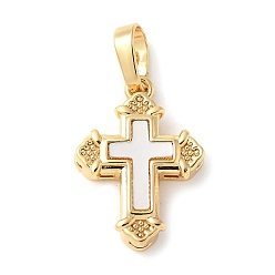 Настоящее золото 18K Подвески из латуни с натуральными белыми ракушками, религия крест прелести, долговечный, без свинца и без кадмия, стойки покрытие, реальный 18 k позолоченный, 18.5x13x3.5 мм, отверстие : 3.5x6 мм