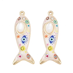 Golden Printed Alloy Enamel Pendants, Fish with Evil Eye Pattern Charms, with Rhinestone and Resin Imitation Cat Eye, Cadmium Free & Nickel Free & Lead Free, Rack Plating, Golden, 43.5x16.5x6.5mm, Hole: 1.6mm