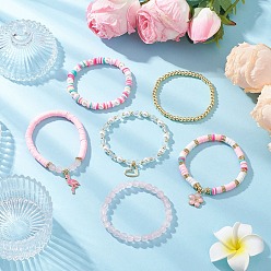 (52) Непрозрачная лаванда 6 шт. 6 стили ручной работы из полимерной глины хейши, стекла и гальванизированных немагнитных синтетических бусин гематита и розового кварца, эластичные браслеты и браслеты с подвесками из сплава и эмали, разноцветные, внутренний диаметр: 2~2-1/8 дюйм (5~5.5 см), 1 шт / стиль