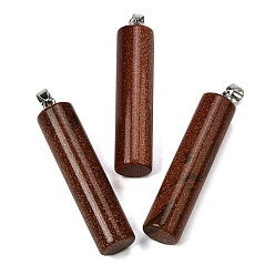 Камень с Пылевым Золотом Синтетические голдстоуновские большие подвески, Подвески в виде колонн с 304 защелкивающимися креплениями из нержавеющей стали, цвет нержавеющей стали, 54.5~56x12~14 мм, отверстие : 6x4 мм