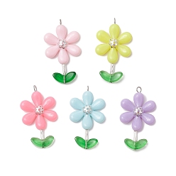 Платина Непрозрачные акриловые цветочные бусины с железными колпачками и 304 штифтами из нержавеющей стали с плоской головкой и подвесками из прозрачных стеклянных бусин, окрашенных распылением, цветок, платина, 39x21.5x5 мм, отверстие : 2.7 мм