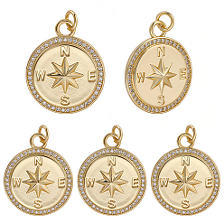 Настоящее золото 18K 6 шт. латунные подвески с микропаве из прозрачного кубического циркония, монета компаса, без кадмия и без свинца, стойки покрытие, долговечный, с целью перехода в кольце, реальный 18 k позолоченный, 23.5x19.5x3 мм, отверстие : 3.4 мм