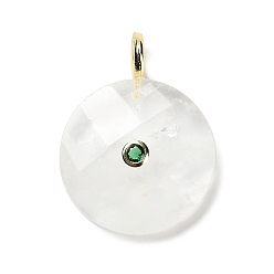 Хрусталь Ограненные подвески из натуральных кристаллов кварца, плоские круглые подвески из горного хрусталя, с покрытием из золотистой латуни с микропаве из кубических цирконий, 32.5~33x25~25.5x7~7.5 мм, отверстие : 4 мм