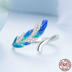 Платина Перо родиевое покрытие 925 стерлинговое серебро микропаве прозрачные кубические цирконии эмаль регулируемые манжеты кольца, платина, внутренний диаметр: регулируемый