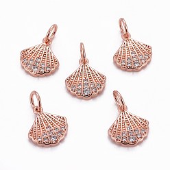 Rose Gold Brass Charms, with Cubic Zirconia, Shell, Clear, Rose Gold, 11x10x2mm, Hole: 3mm