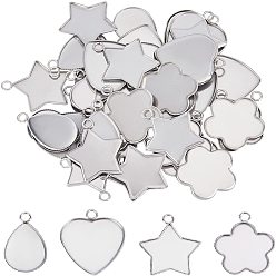 Stainless Steel Color 40Pcs 4 Style 304 Stainless Steel Pendant Cabochon Settings, Plain Edge Bezel Cups, Star, Flower, Teardrop, Heart, Stainless Steel Color, 21~24x13.5~21x1.5mm, hole: 2.5mm