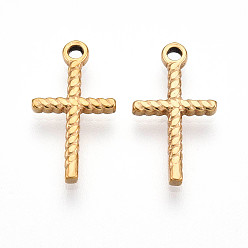 Настоящее золото 18K 304 прелести нержавеющей стали, ионное покрытие (ip), крест очарование, реальный 18 k позолоченный, 15x8x2 мм, отверстие : 1.2~1.4 мм